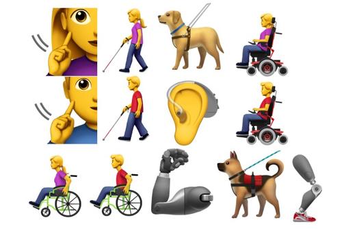 13 different emojis that represent people with disabilities, including Deaf/HoH, wheelchair users, service dogs, people who are blind, and mechanic limbs.