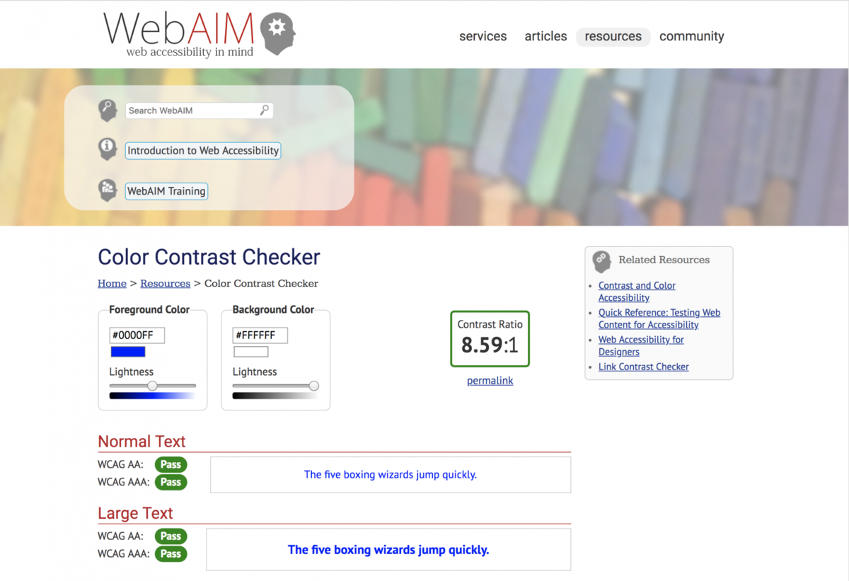 Screenshot of WebAIM color contrast checker, showing example of hex numbers and contrast ration for dark blue text on white.